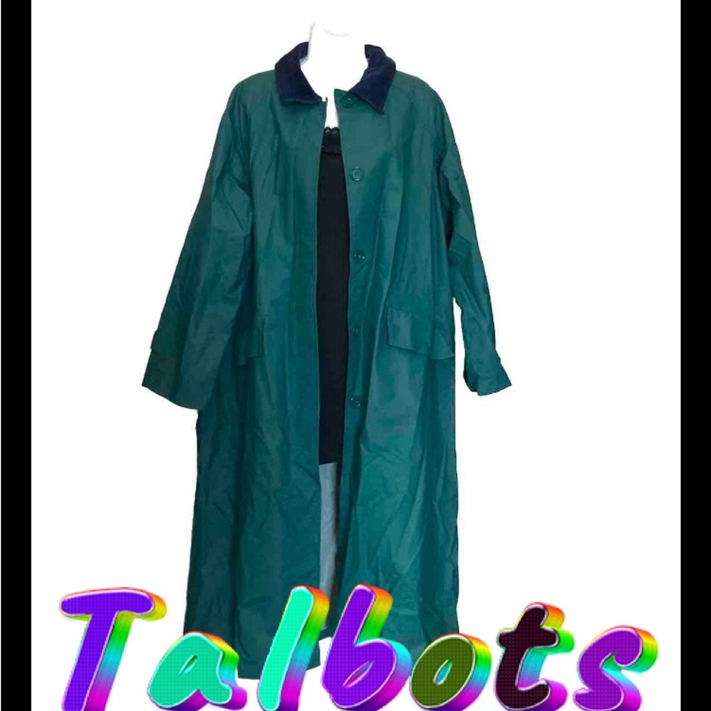 Talbots Womens XL Teal Green Rubber Feel Long Rain Trench Coat Jacket Vintage